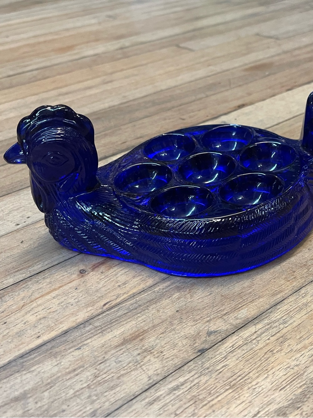 Chicken Shaped Glass Egg Holder Cobalt Blue